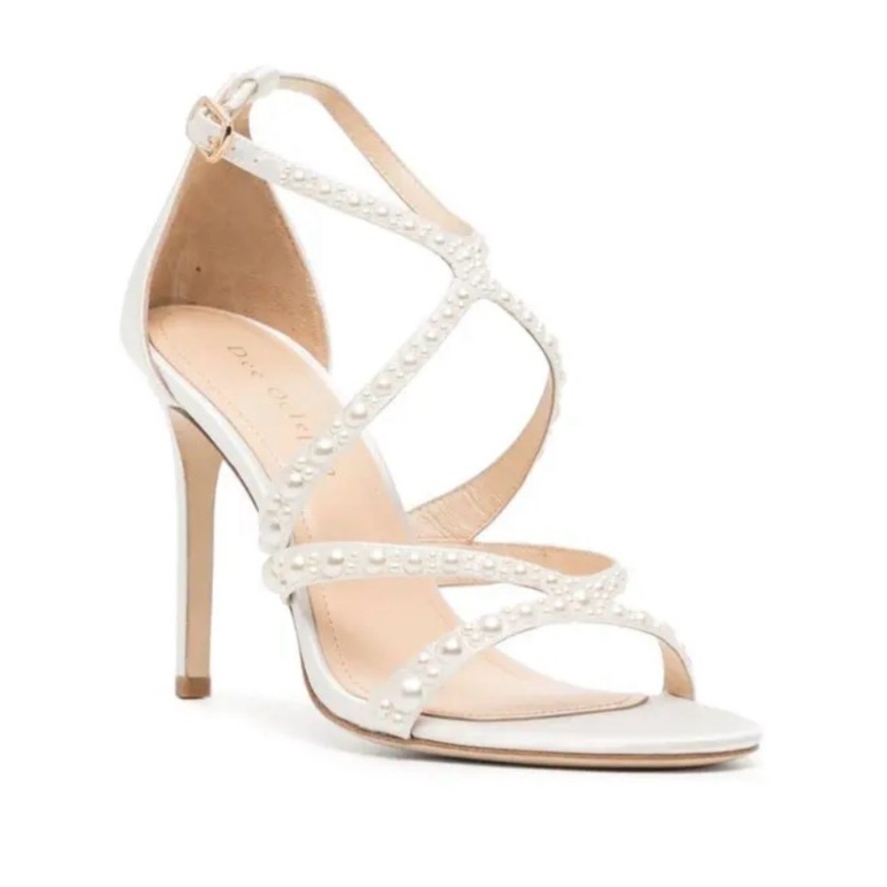 Dee Ocleppo White Satin Heels with Pearl Embellishments